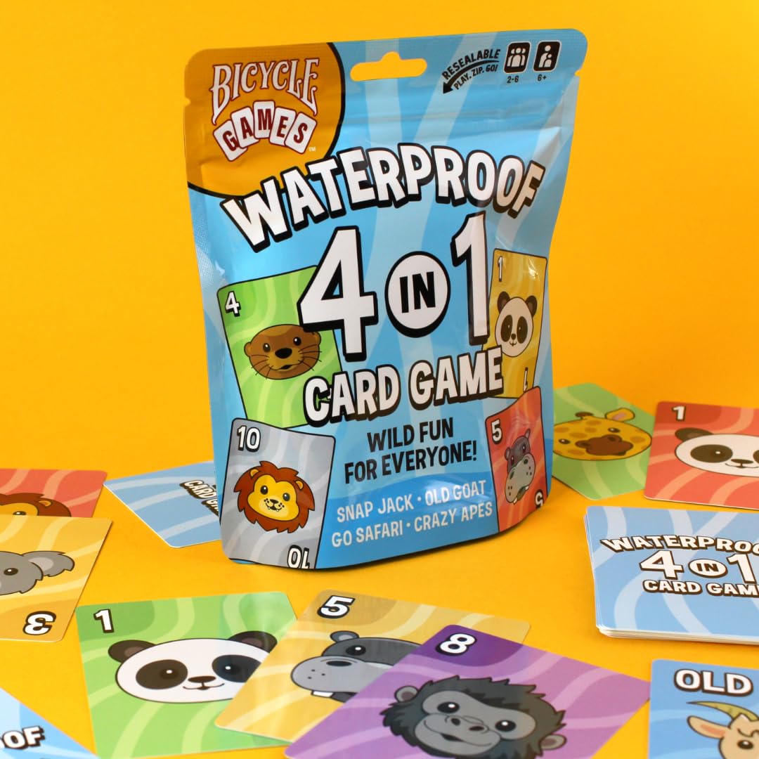 Bicycle Waterproof 4‑in‑1 Card Games Set - Durable Plastic Playing Cards Deck for Go Fish, Slap Jack, Crazy Eights & Old Maid, Family Travel Game