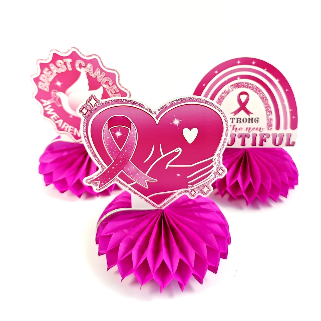 LOONELO 9pcs Breast Cancer Awareness Honeycomb Centerpieces Decorations, Pink Ribbon Centerpiece Table Toppers, Faith Strength Courage Table