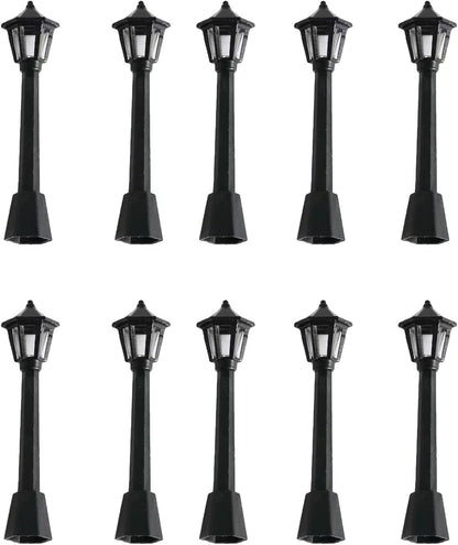 10 Pcs Black Mini Miniature Street Light Model, Railway Train Post Lamps, Black Lamp Outdoor Pathway Lantern Post for Dollhouse Decoration Micro