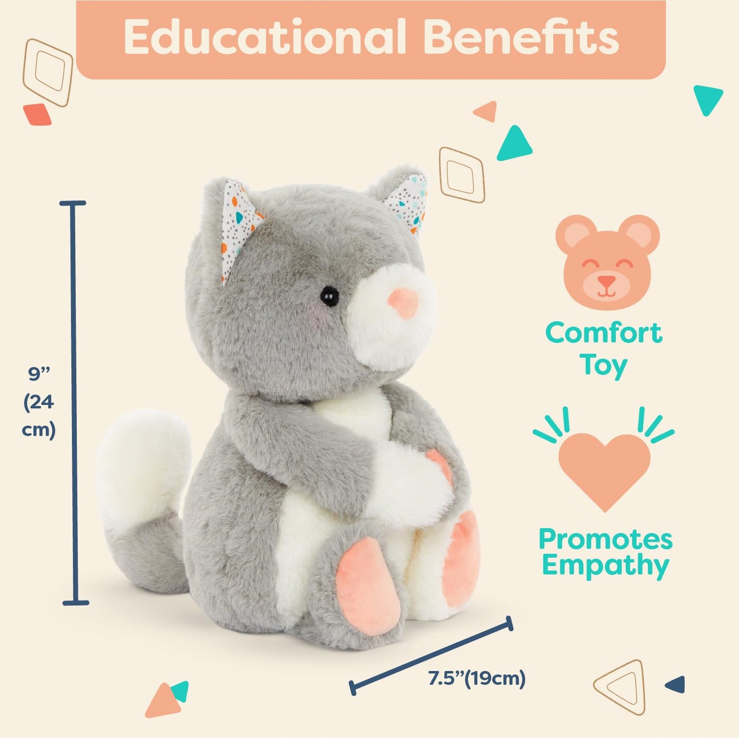 B. toys Cloudy Cosmo Stuffed Animal, Gray & White Washable Cat, Grey Cat