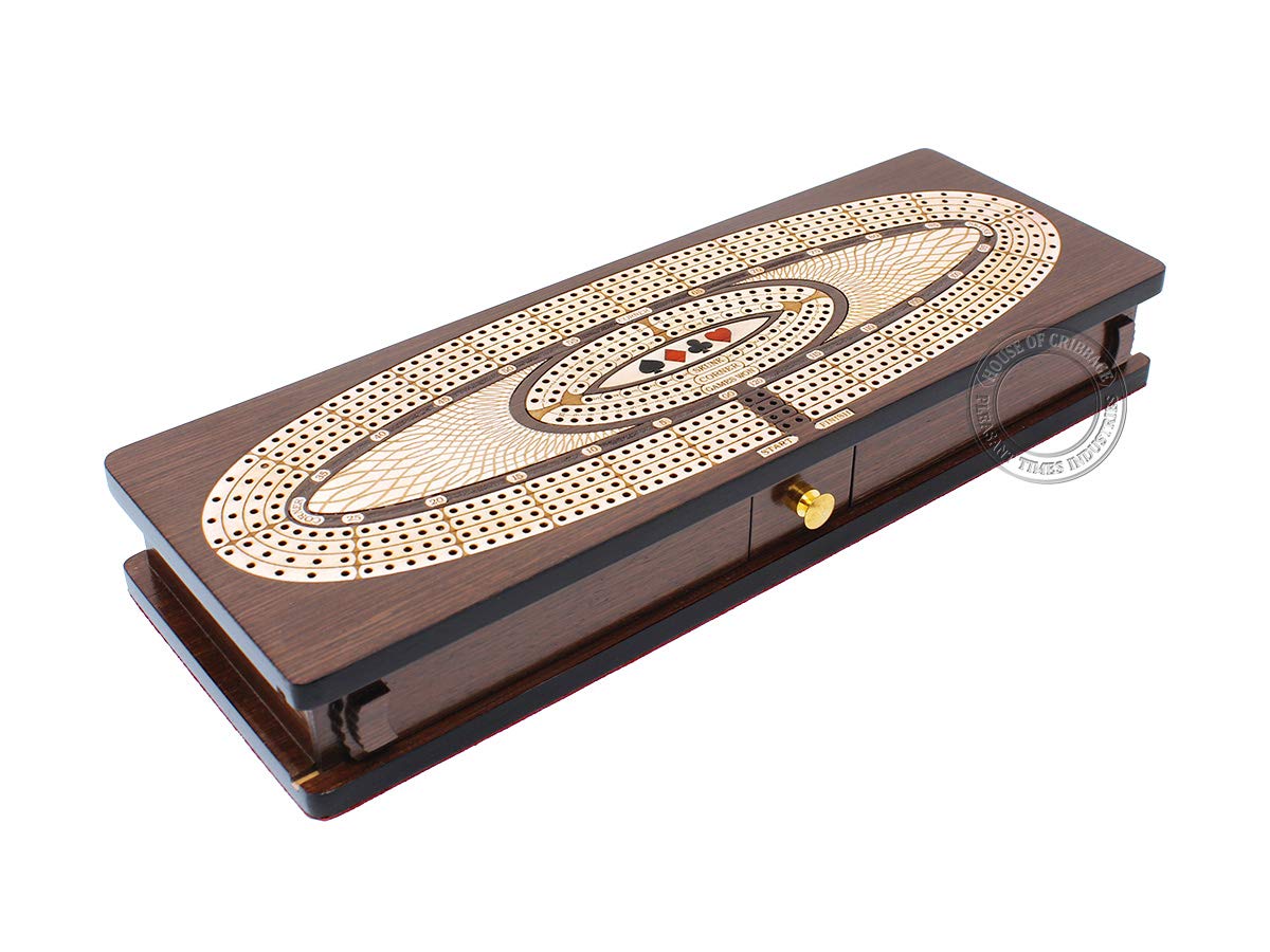 House of Cribbage - Continuous Cribbage Board/Box Inlaid in Wenge Wood/Maple : 4 Track - Sliding Lids, Drawer & Metal Pegs with Score Marking Fields