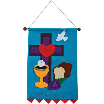 Fun Express First Communion Banner Kit - First Holy Communion Decorations for Boys and Girls | DIY Felt Banner Craft with Glitter and Wooden Dowel |