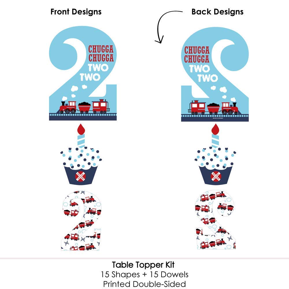 Big Dot of Happiness 2nd Birthday Railroad Party Crossing - Steam Train Second Birthday Party Centerpiece Sticks - Table Toppers - Set of 15