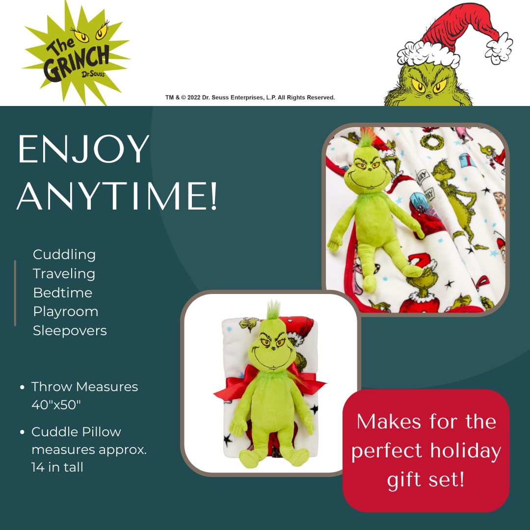 Dr. Seuss The Grinch Holiday & Christmas Kids Bedding Super Soft Plush Pillow and Throw 2 Piece Set, 40 in x 50 in (Officially Licensed Product) By