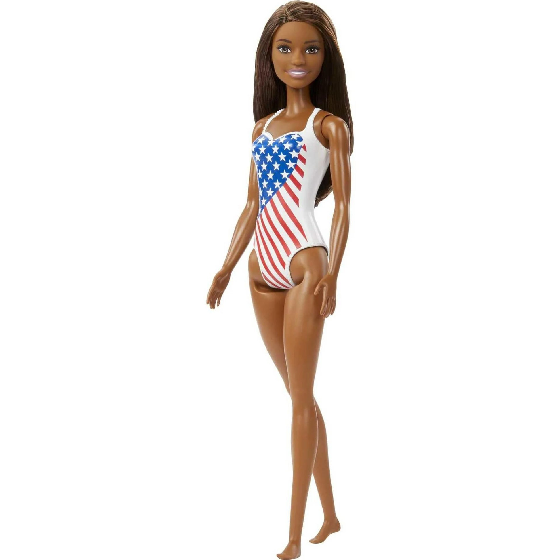 Barbie Doll with Beach Theme in American Flag Stars and Stripes Swimsuit, Brunette