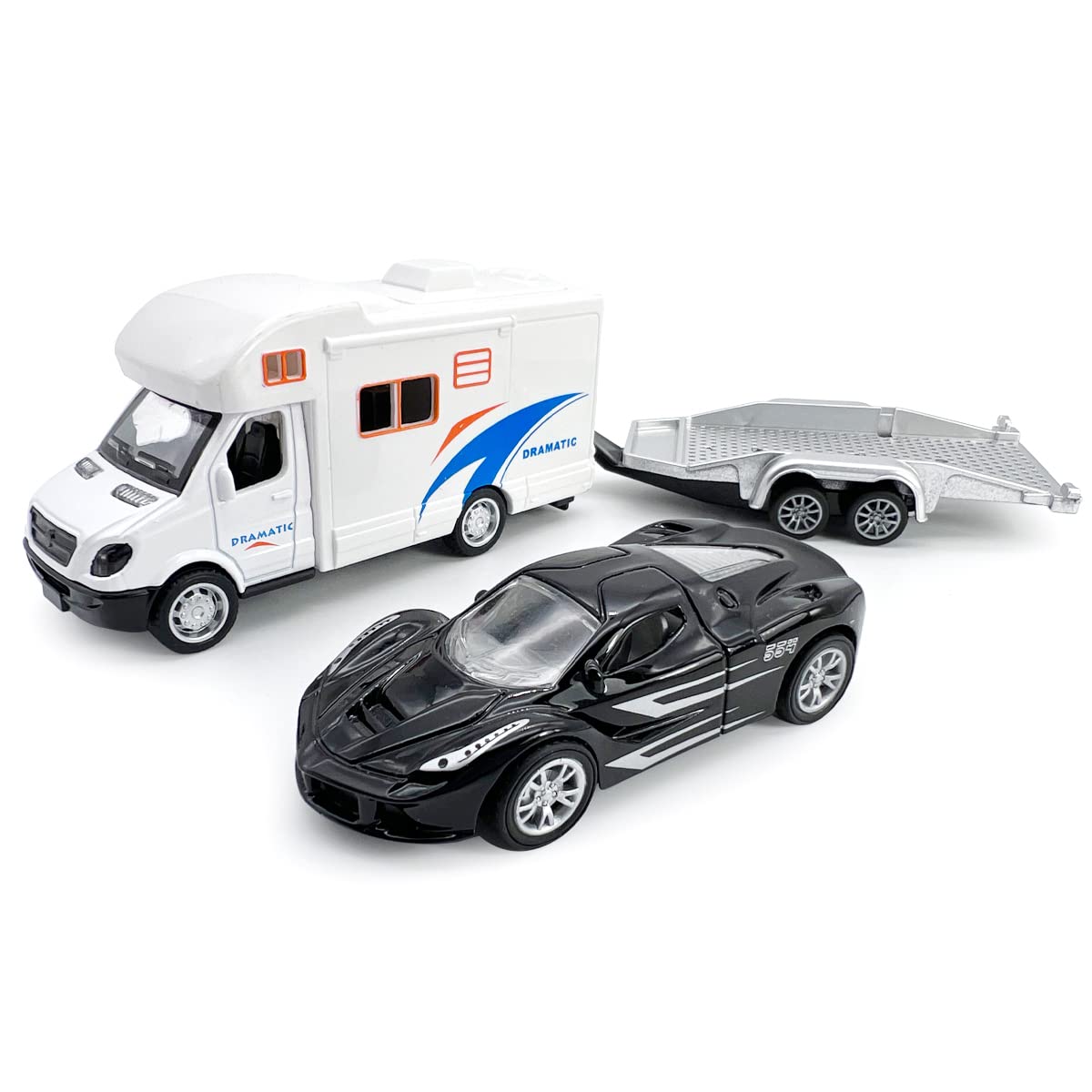 Toy Camper RV Trailer Towing Supercar Sports Model Car Diecast Motorhome Toys for Boys Pull Back Toy Cars, Beach Sandbox Outdoor Adventure Play Set, 3