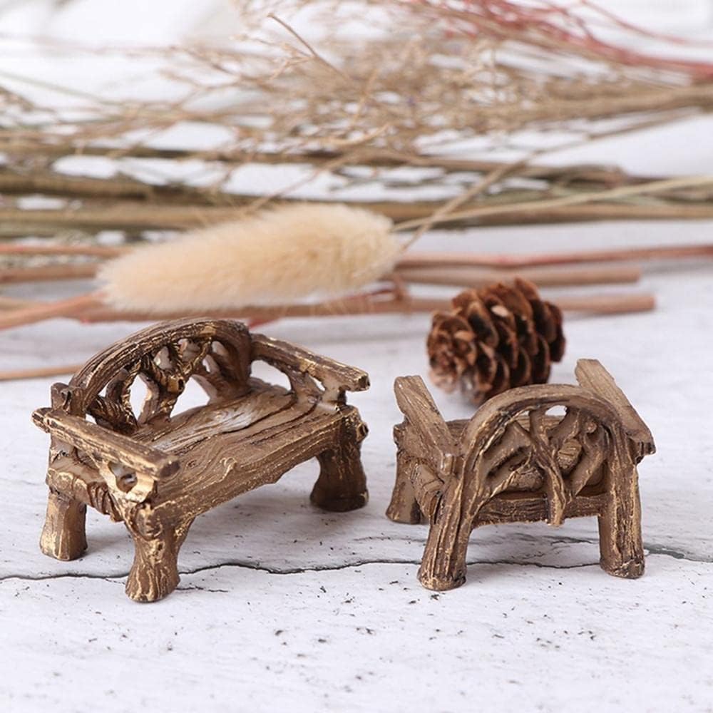 Brown Fairy Garden Furniture Ornaments Miniature Resin Chair Bench Doll House Decor Home Garden Miniatures Resin Micro Landscape Decoration Bench