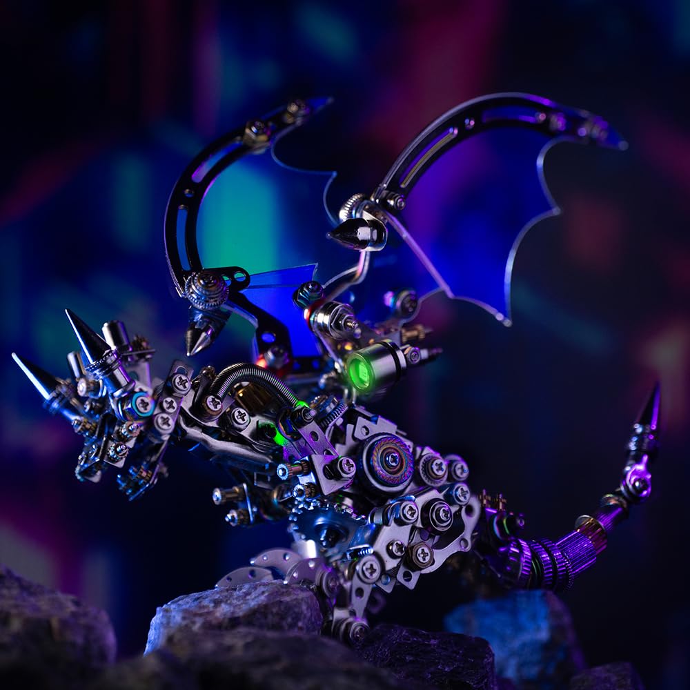 Arcynix Mostarle Reno Blue Dragon 3D Metal Puzzle Kit, 613 Pieces, Magnetic Assembly, LED Light-Up Color Changing Wings, Adjustable Display, DIY