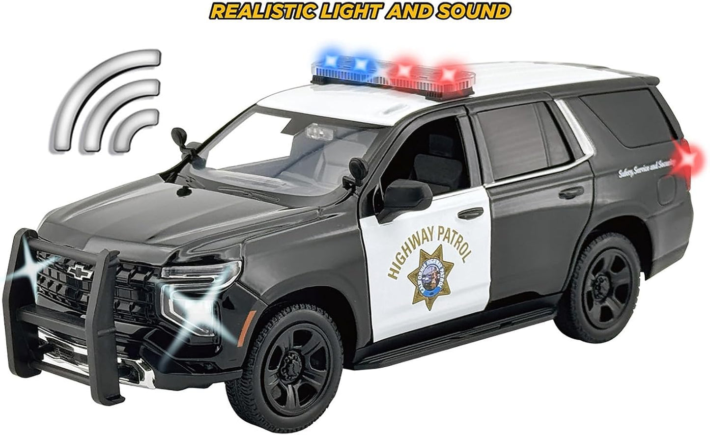 Motormax 2025 PPV CHP (California Highway Patrol) Black and White with Flashing Light Bar and Front and Rear Lights and Sounds 1/24 Diecast Model Car