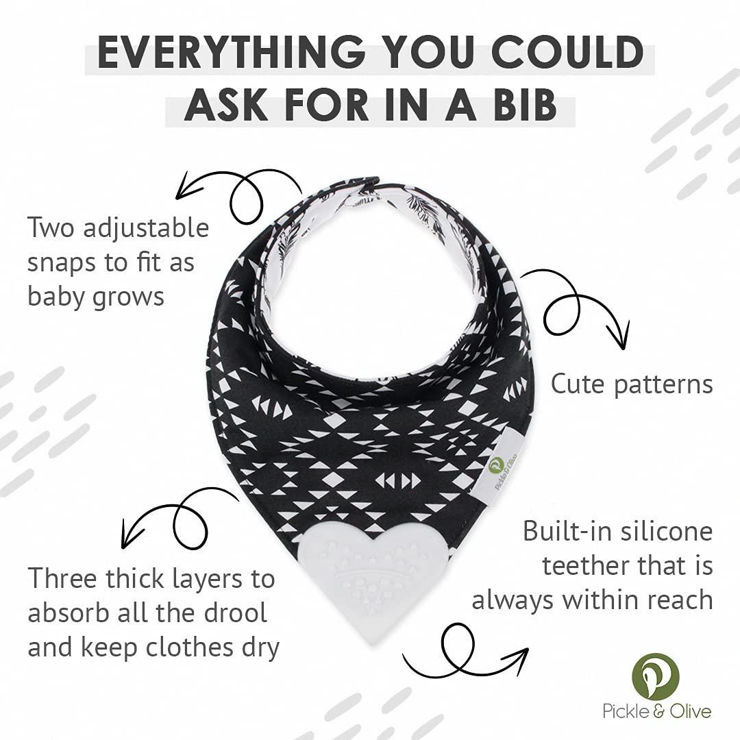 Pickle & Olive Reversible Baby Teething Bibs - Attached Heart Shaped Teether - Monochrome - Set of 2