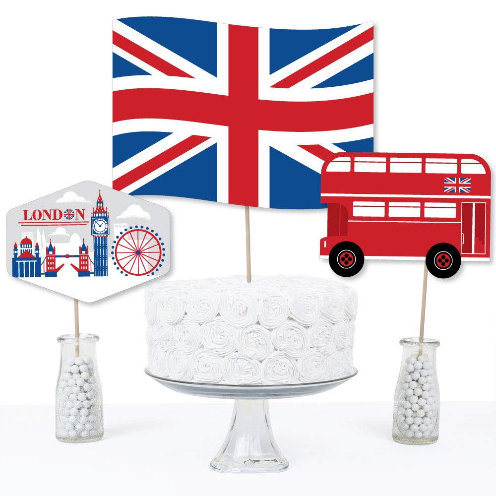 Big Dot of Happiness Cheerio, London - British UK Party Centerpiece Sticks - Table Toppers - Set of 15