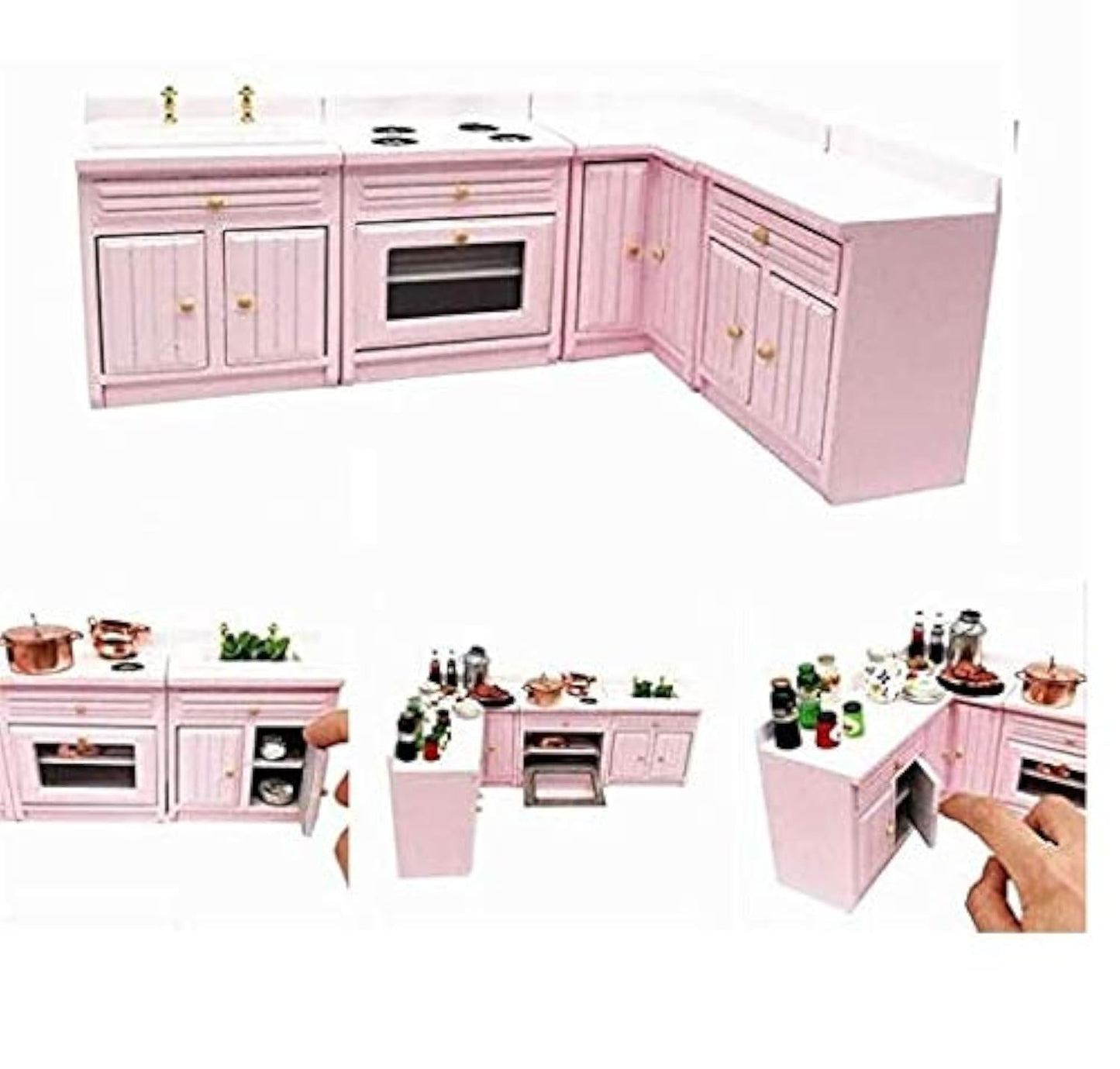 EatingBiting 1:12 Dollhouse Miniature Furniture Kitchen Wooden Pink Combination Cabinet Sink Counters 1/12 Scale Dollhouse Miniature Furniture Deluxe