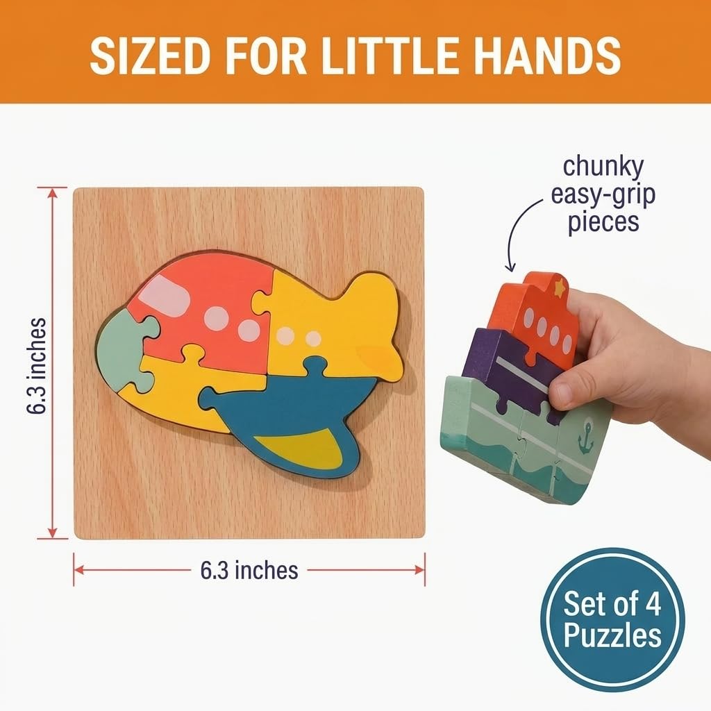 Wooden Puzzles for Toddlers 3+, Montessori 3D Vehicle Puzzle Set of 4 - BrightM? Screen-Free Fine Motor Learning Toys with Storage Box and Travel Bag