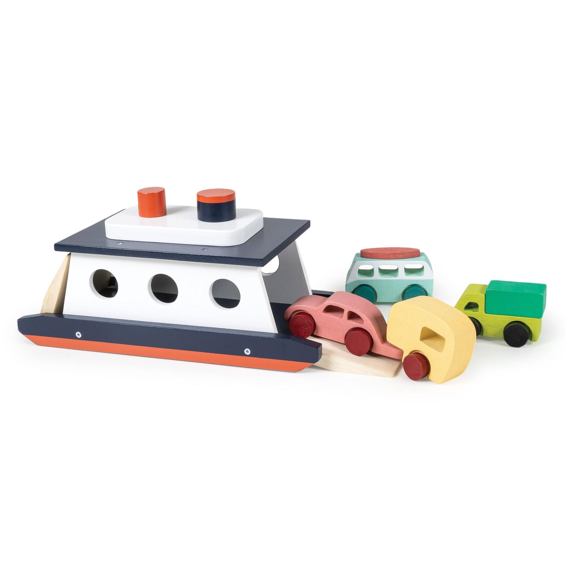 Mentari Toys - Car Ferry - Wooden Boat Set with 4 Vehicles - Includes Car, Caravan, Campervan, and Truck - Interactive Loading & Unloading Toy