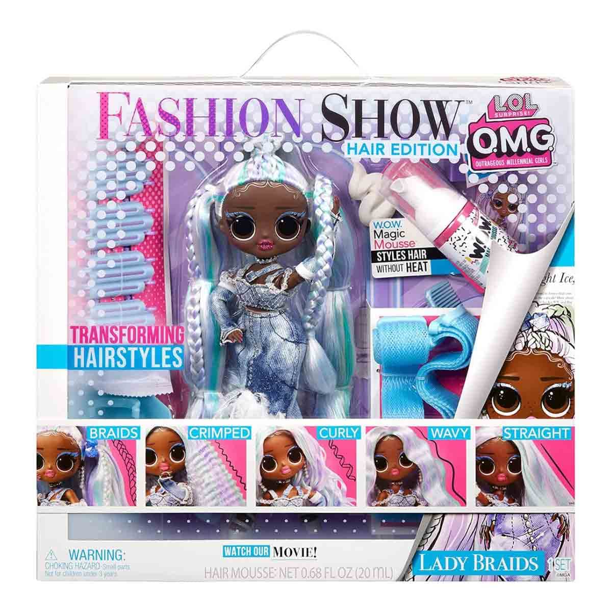 L.O.L. Surprise! OMG Fashion Show Hair Edition Lady Braids 10" Fashion Doll w/Magic Mousse, Transforming Hair, Including Stylish Accessories, Holiday