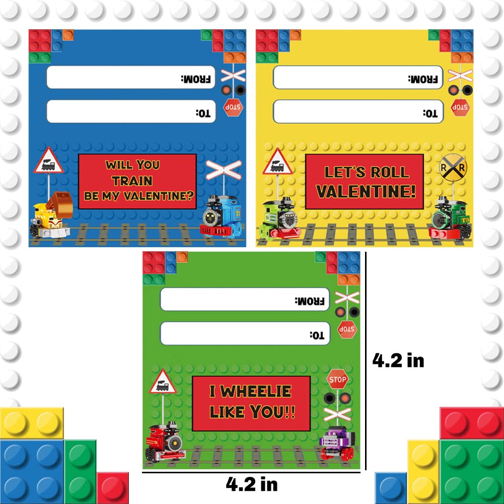 24 Packs Train Building Blocks with Valentines Gift Cards, 6 in 1 Train Building Blocks Sets for Boys Girls Goodie Bags Carnival Prizes Birthday
