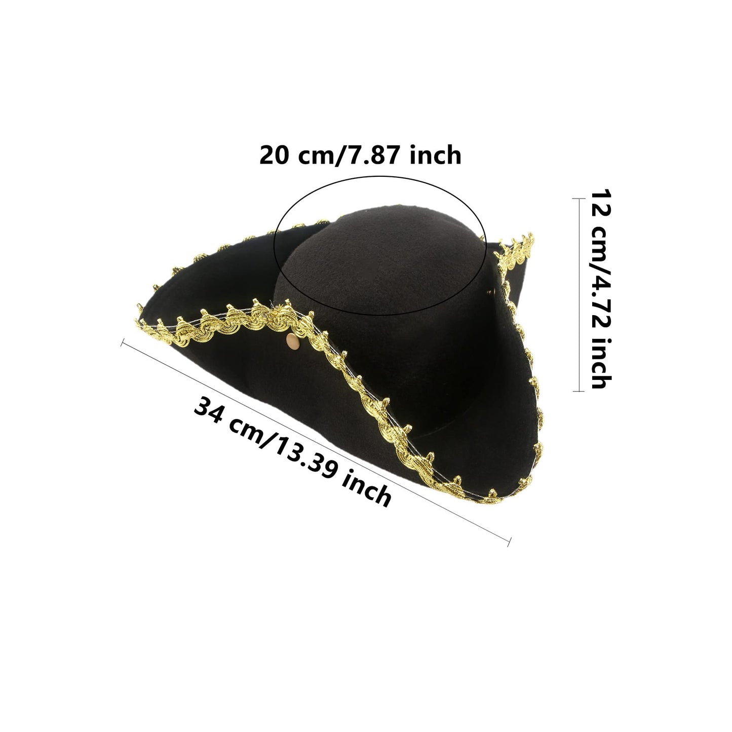 SGBETTER 4 Pack Pirate Tricorn Hat Black Colonial Tri-Corner Hat with Gold Trimming for Pirate Theme Party Halloween Cosplay Masquerade Accessories