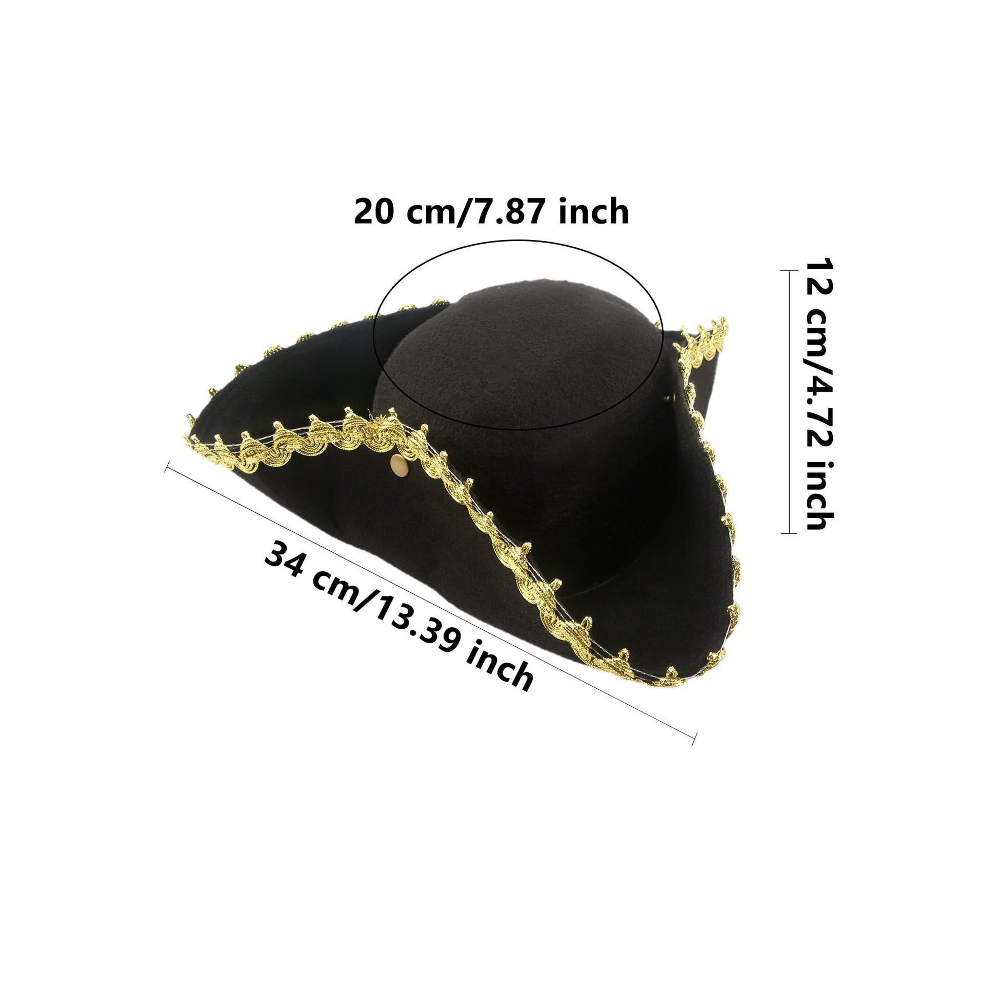 SGBETTER 4 Pack Pirate Tricorn Hat Black Colonial Tri-Corner Hat with Gold Trimming for Pirate Theme Party Halloween Cosplay Masquerade Accessories