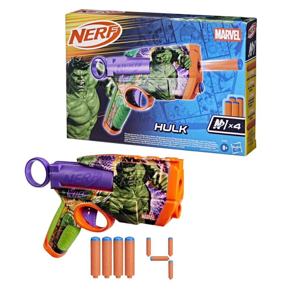 Nerf Marvel Hulk Dart Blaster | 4 Nerf N1 Foam Darts | Hulk-Inspired Blaster Skin Designs | Kids Gifts |Outdoor Toys & Games for Ages 8+ (Amazon