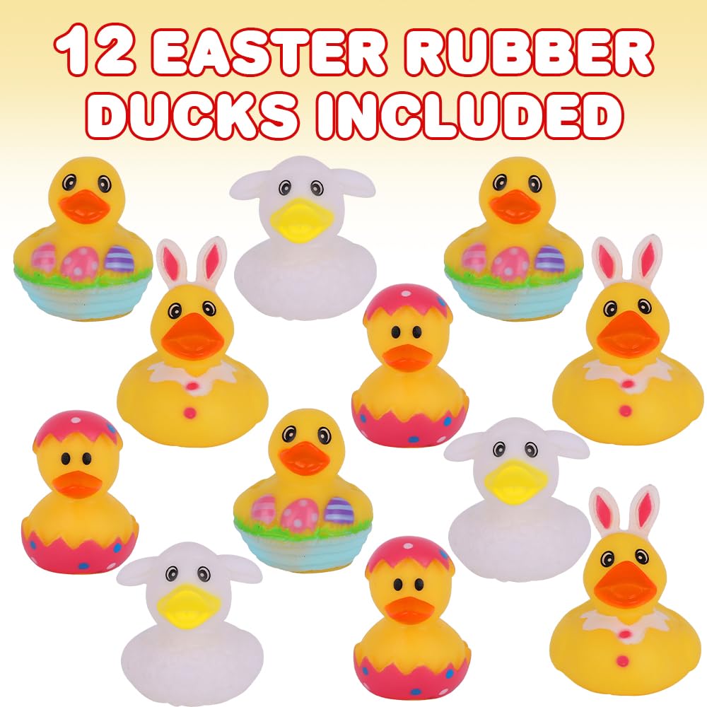 ArtCreativity 2.5 Inch Easter Rubber Ducks for Kids, Assorted Mini, Basket Stuffers, Egg Hunt Surprise Toys, Party Favors, Jeep and Bath, 12-Pack