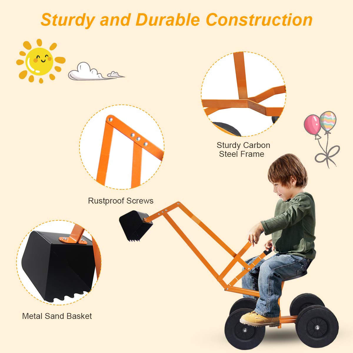 HONEY JOY Ride on Sand Digger, Metal Sit on Crane Sandbox Digger Toy with Seat & Handle, Toddlers Excavator Ride on Toy for Backyard, 4 Wheeler Kids