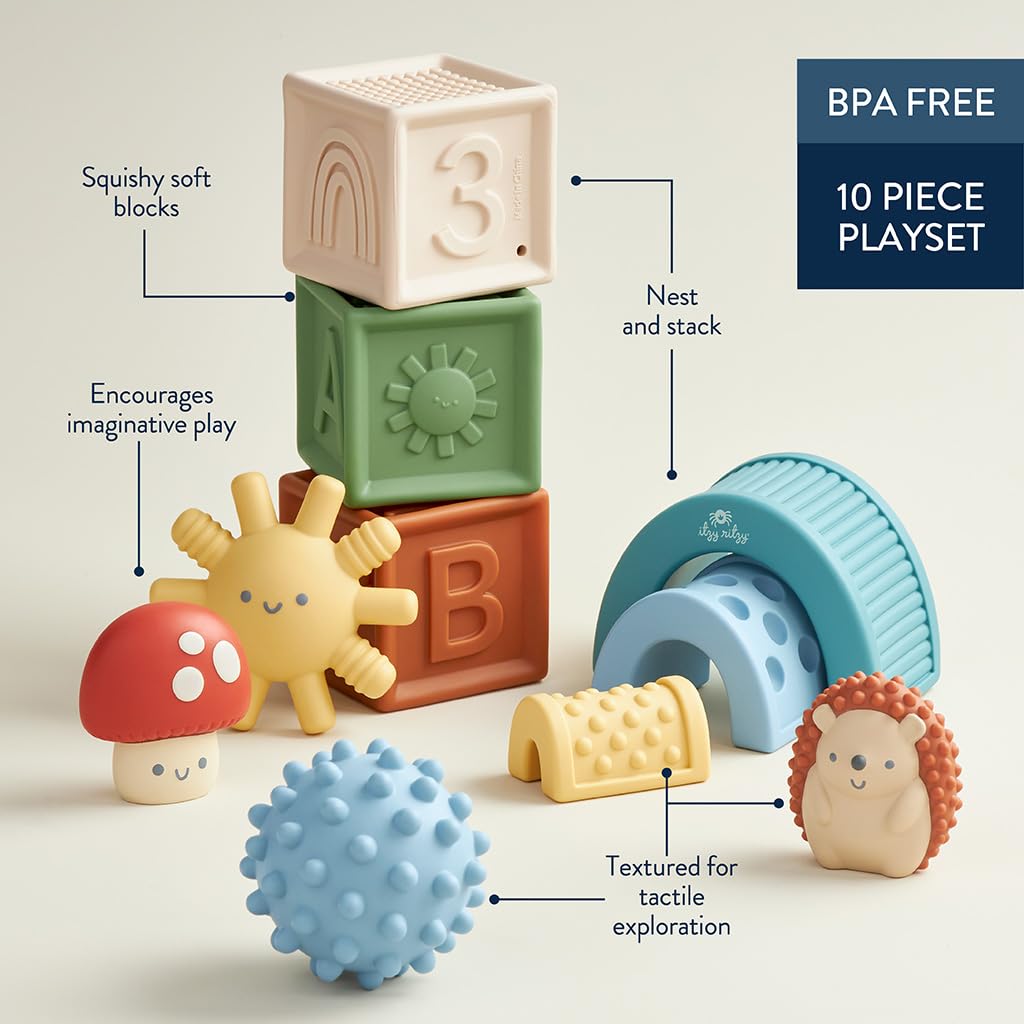 Itzy Ritzy Sensory Blocks Set - Baby Building Blocks 10-Piece Set - Features Soft & Textured Characters - Sensory Toy for Babies & Toddlers Aged 0
