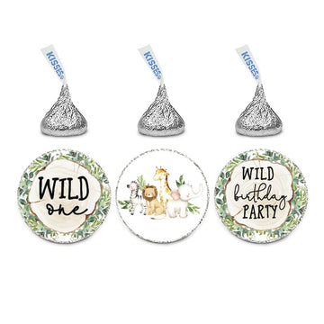 Andaz Press Woodland Safari Animals Wild One Chocolate Drop Label Stickers for Kisses, First Birthday Party Favor Label Stickers, Kids 1st Birthday