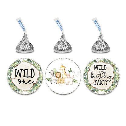 Andaz Press Woodland Safari Animals Wild One Chocolate Drop Label Stickers for Kisses, First Birthday Party Favor Label Stickers, Kids 1st Birthday