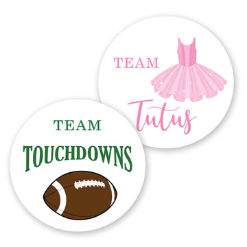 2"" Round Touchdown or Tutus Gender Reveal Stickers - 40 Labels (20 of Each Design)