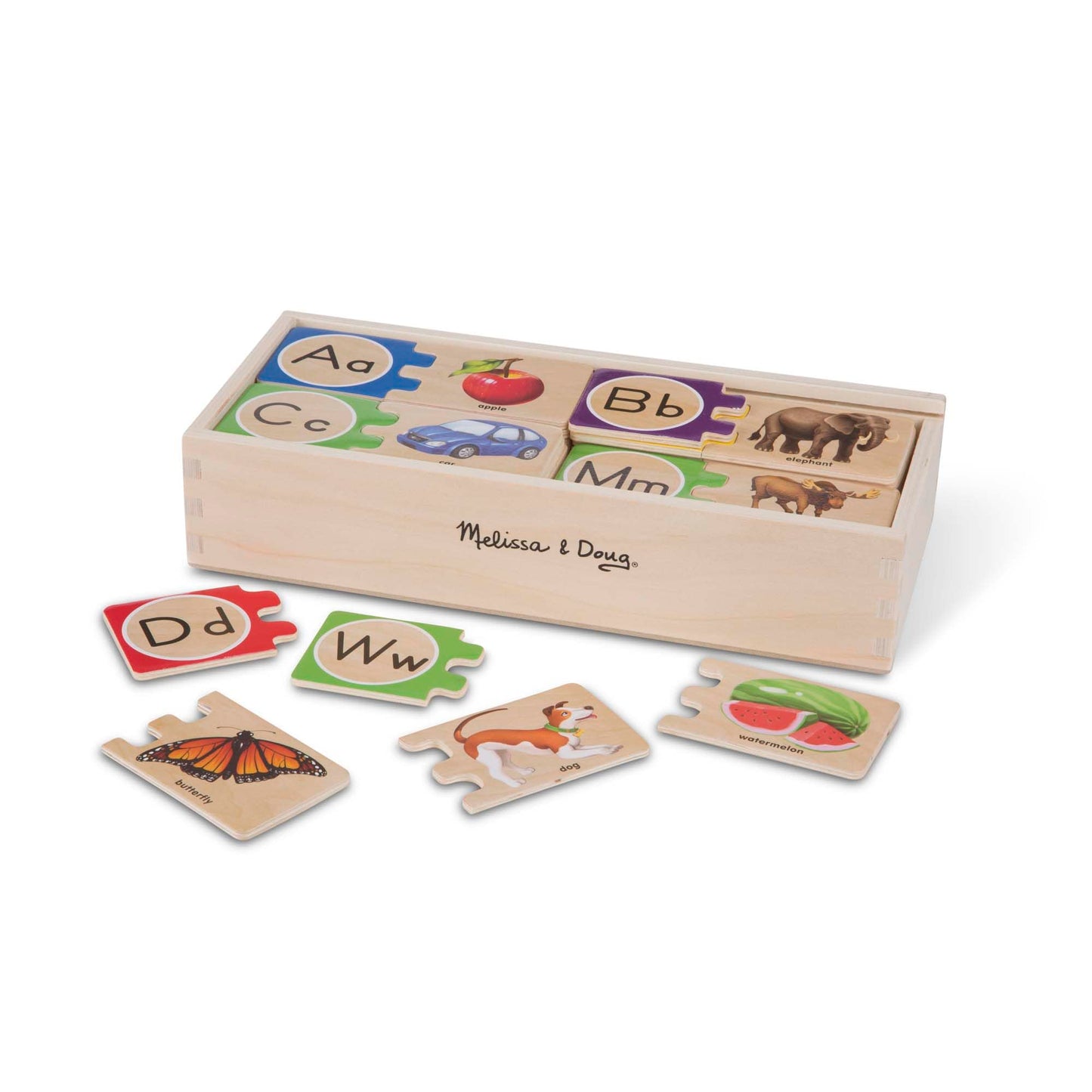 Melissa & Doug Self-Correcting Alphabet Letter Puzzles (Developmental Toys, Wooden Storage Box, Detailed Pictures, 52 Pieces, 7.62 cm H × 34.925 cm W