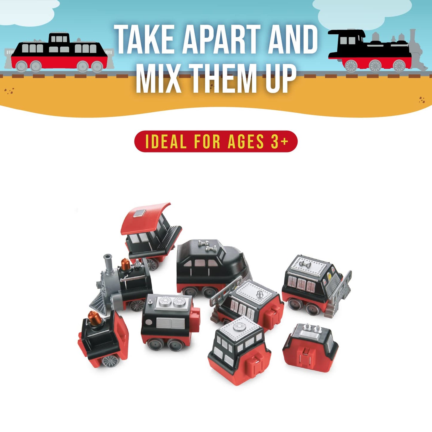 Popular Playthings Magnetic Vehicles for Toddlers 1-3, Mix or Match Car Toys, Set of 3 Gift for Kids - Train