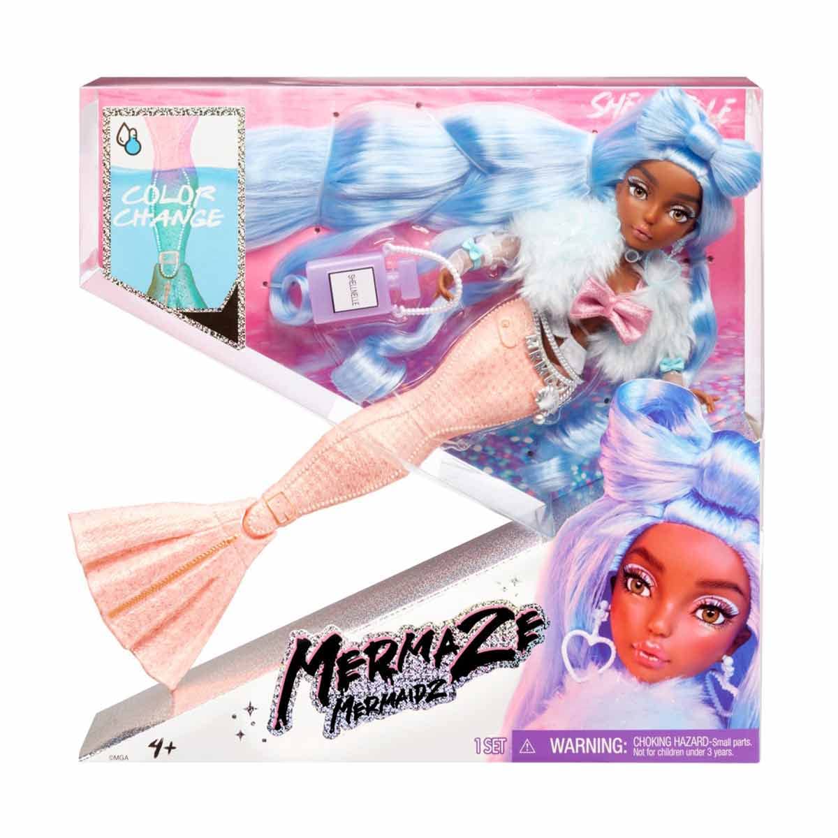 MERMAZE MERMAIDZ Color Change Shellnelle Mermaid Fashion Doll with Designer Outfit & Accessories, Stylish Hair & Sculpted Tail, Poseable, Multicolor