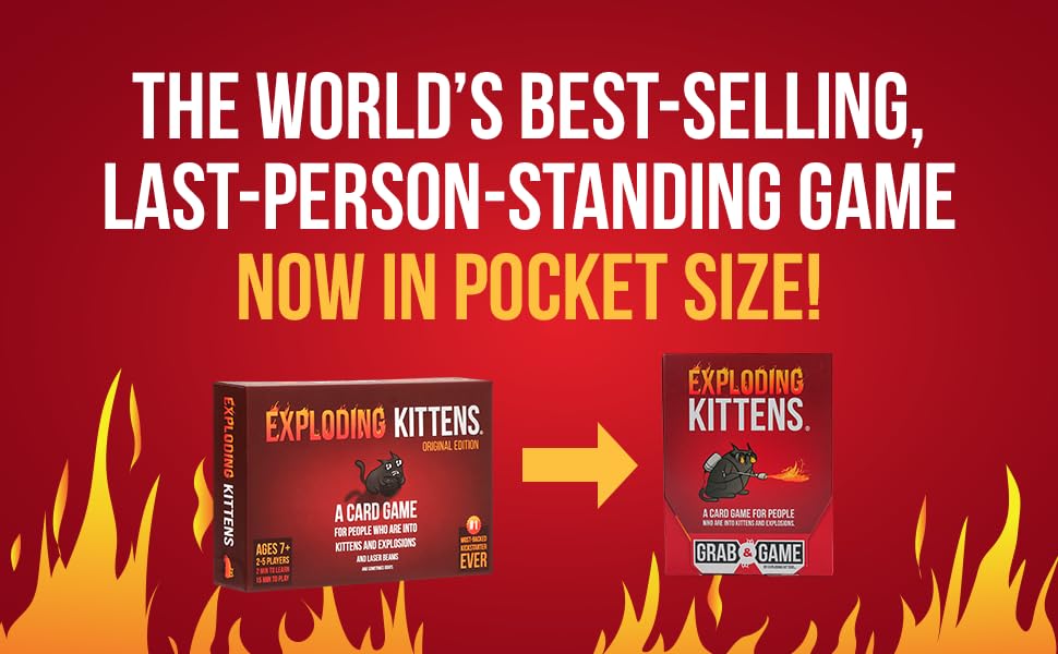 Exploding Kittens Grab & Game - Hilarious & Compact Card Game for Family and Travel - Party Fun for Ages 7 and Up - 2-4 Players - 15 Minutes of Play