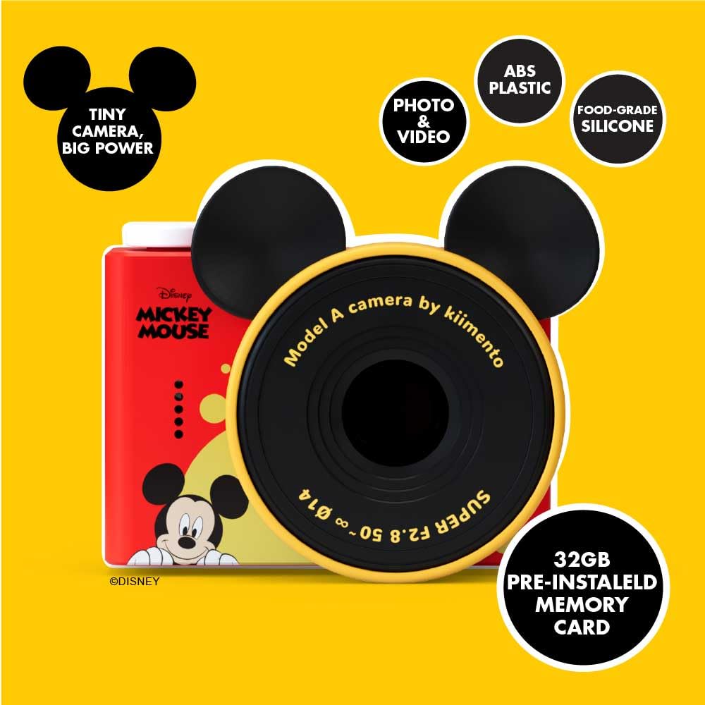 kiimento Ultra-Compact Kids Digital Camera & Video Camcorder for Ages 3-5 with Selfie Lens, 32GB Memory Card, Handmade Strap - Model A (Mickey Mouse)