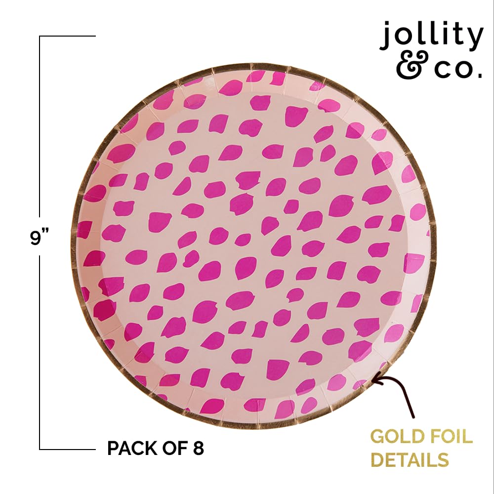 Jollity & Co Sweet 16 Dinner Plates - Leopard Print Design - Bright Pink Paper Plates with Gold Foil - Pack of 8 Party Plates - Birthday Plates