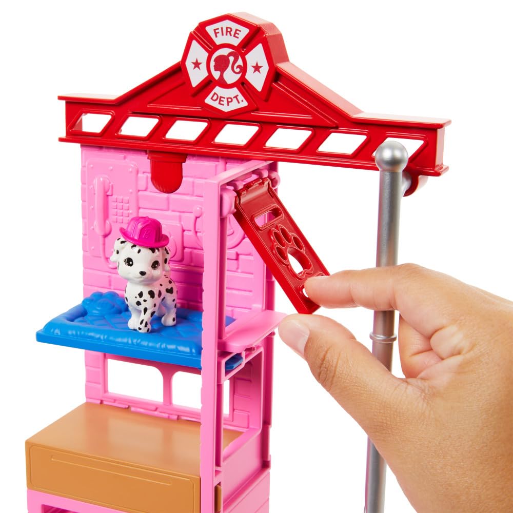 Barbie Careers Firefighter Doll & Playset with Fire Station & Tree, 2 Pets, Color-Change & 10+ Accessories Including Fire Extinguisher Squirt Toy