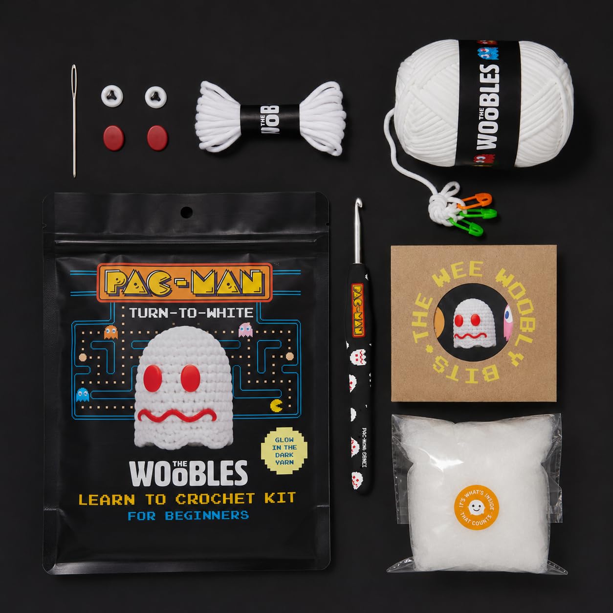 The Woobles Turn-to-White Glow-in-the-Dark Crochet Kit for Beginners - Officially Licensed PAC-MAN Ghost Amigurumi Kit, As Seen on Shark Tank, 4-in