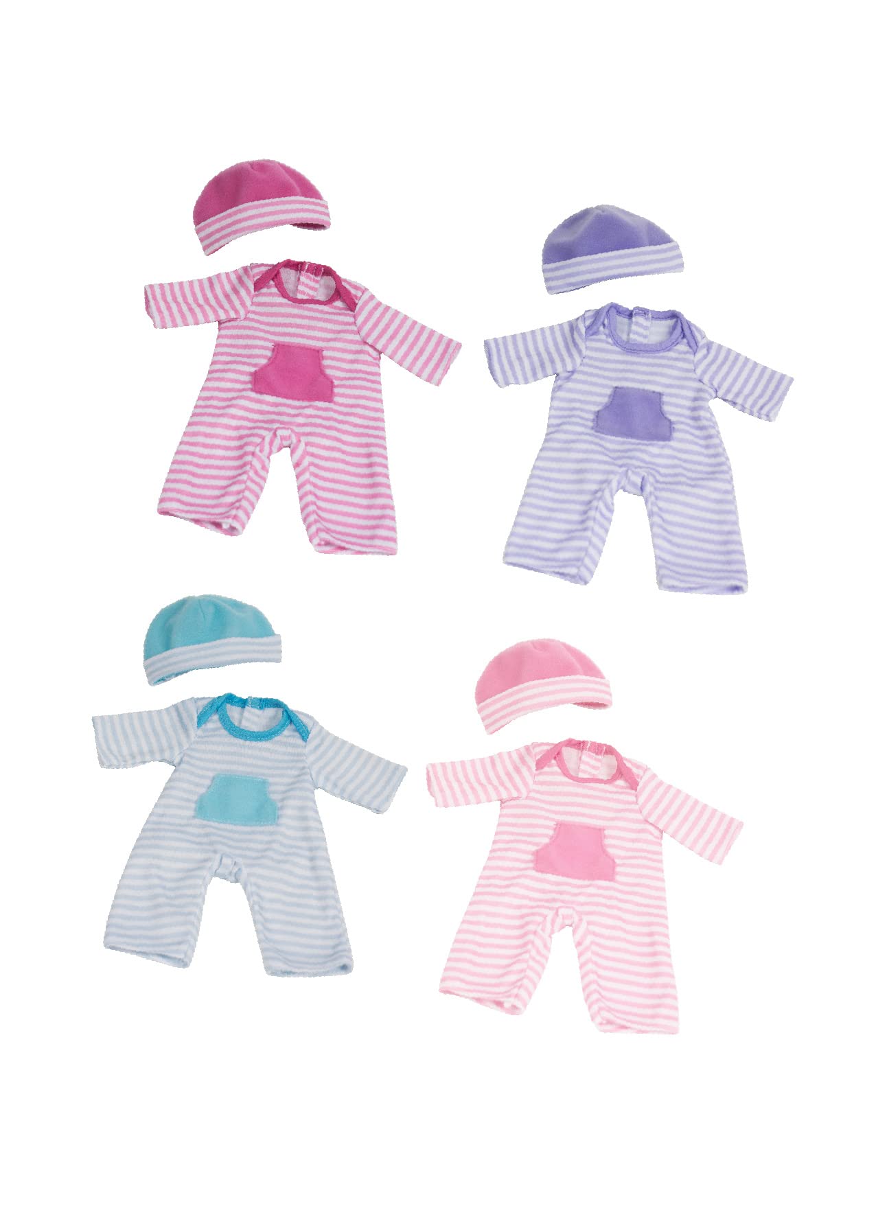 JC Toys | 4 Assorted Baby Doll Rompers and Hats | Pink + Blue + Light Pink + Purple | | Ages 2+ | Fits Dolls 10"- 12"