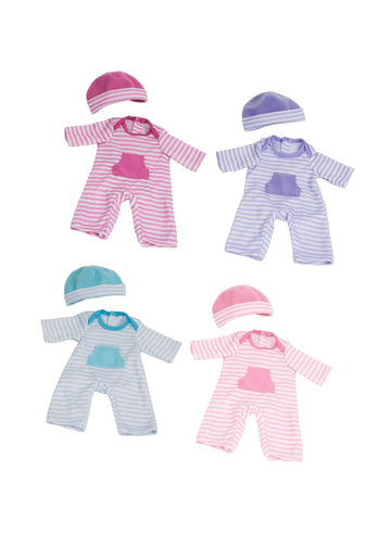 JC Toys | 4 Assorted Baby Doll Rompers and Hats | Pink + Blue + Light Pink + Purple | | Ages 2+ | Fits Dolls 10"- 12"
