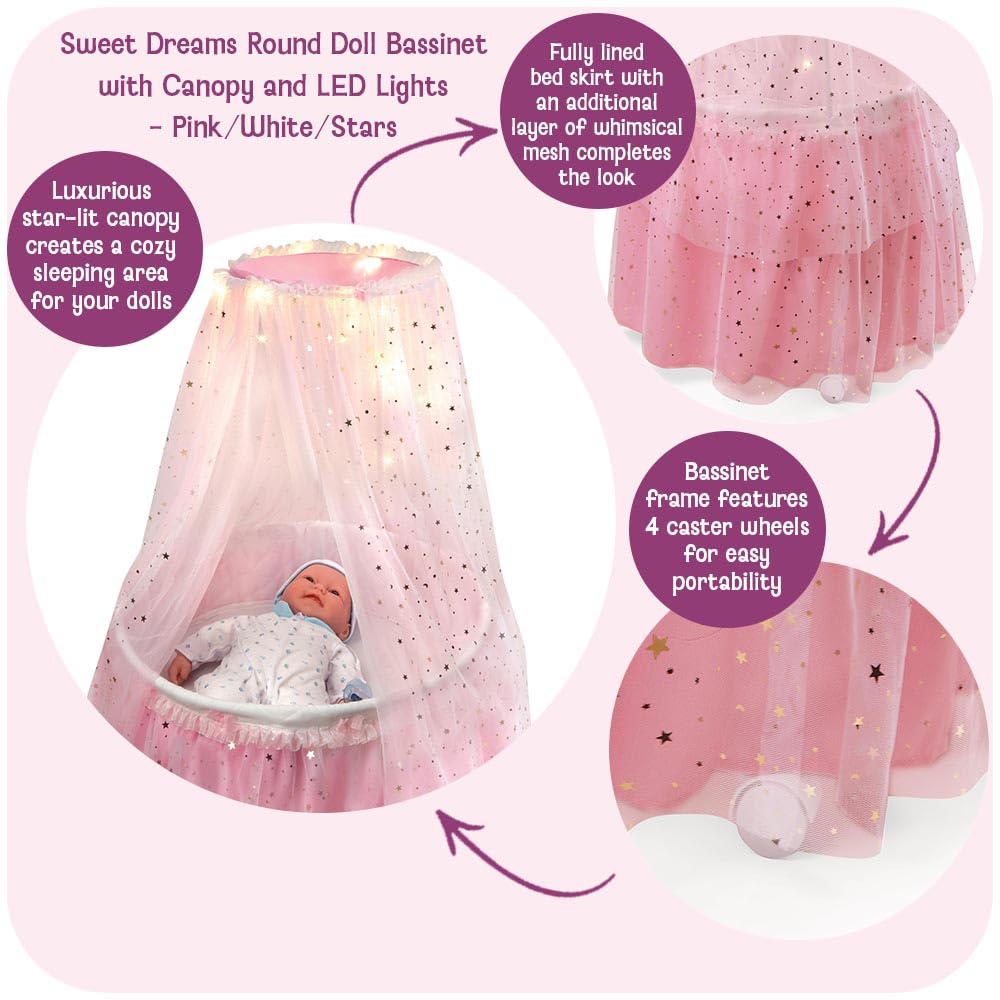 Badger Basket Enchanting Sweet Dreams Round Doll Bassinet with Canopy and LED Lights for 18-Inch Dolls - A Magical Sleeping Space