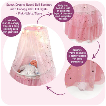 Badger Basket Enchanting Sweet Dreams Round Doll Bassinet with Canopy and LED Lights for 18-Inch Dolls - A Magical Sleeping Space