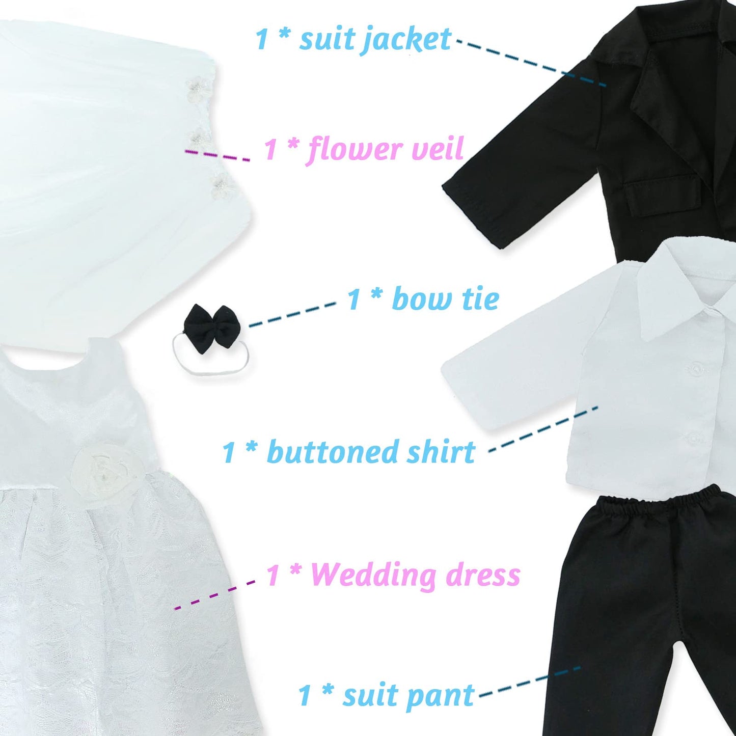 18 Inch Doll Clothes Accessories Wedding Set, Bride Wedding Dress and Groom Suit Outfit, Veil, Bow Tie for American 18 Inch Doll Girl Boy Ball Party