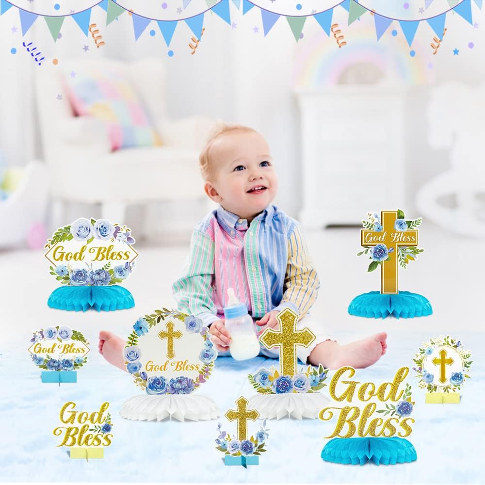 ANGOLIO 12Pcs Blue Floral God Bless Honeycomb Centerpieces Christian Cross Baptism First Confirmation Table Party Decorations for Boys Girls Baby