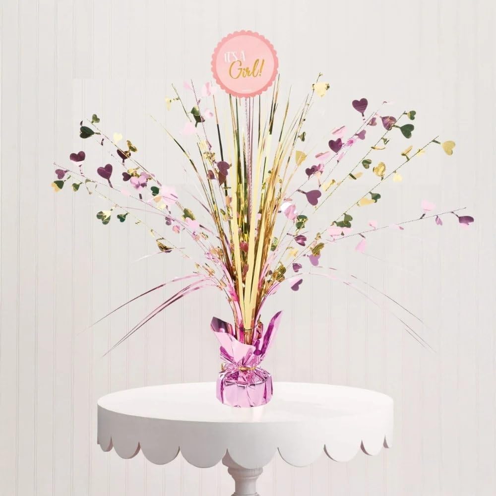 Dazzling Foil Spray Centerpiece, 18" (1 Count) - Elegant Table Decor, Perfect for Baby Shower Celebrations, "It's a Girl", Gold & Pink
