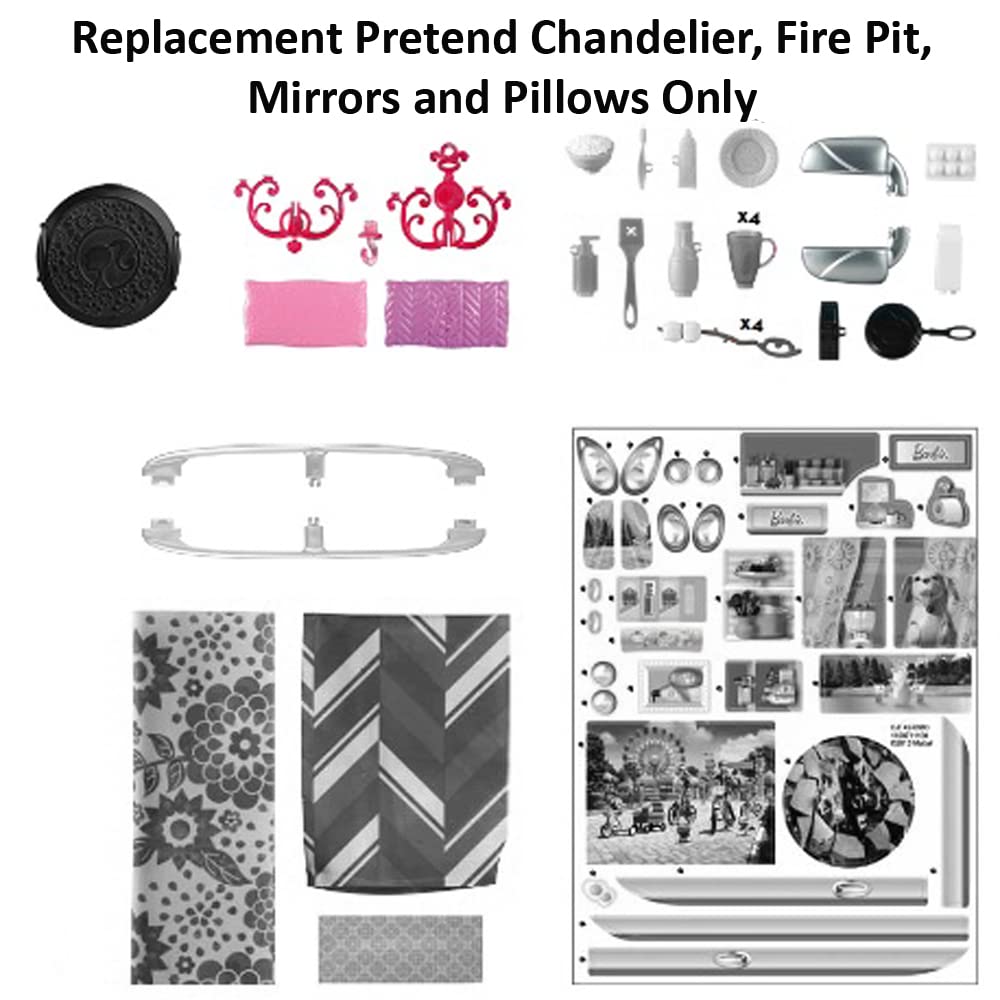 Barbie Replacement Parts Camping Van - CJT42 RV Pop Up Camper Vehicle Playset ~ Replacement Pretend Chandelier, Fire Pit, Mirrors and Pillows