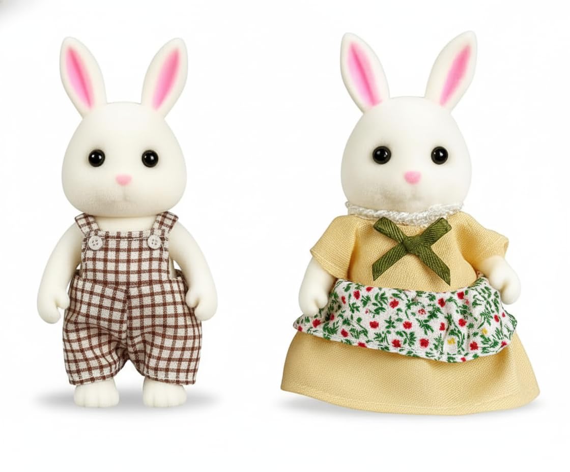 OLEOCA Family White Rabbit Figures - Set of 2 Collectible Flocked Mini Dolls with Removable Clothes, Miniature Dollhouse Pretend Play Figures for Kids