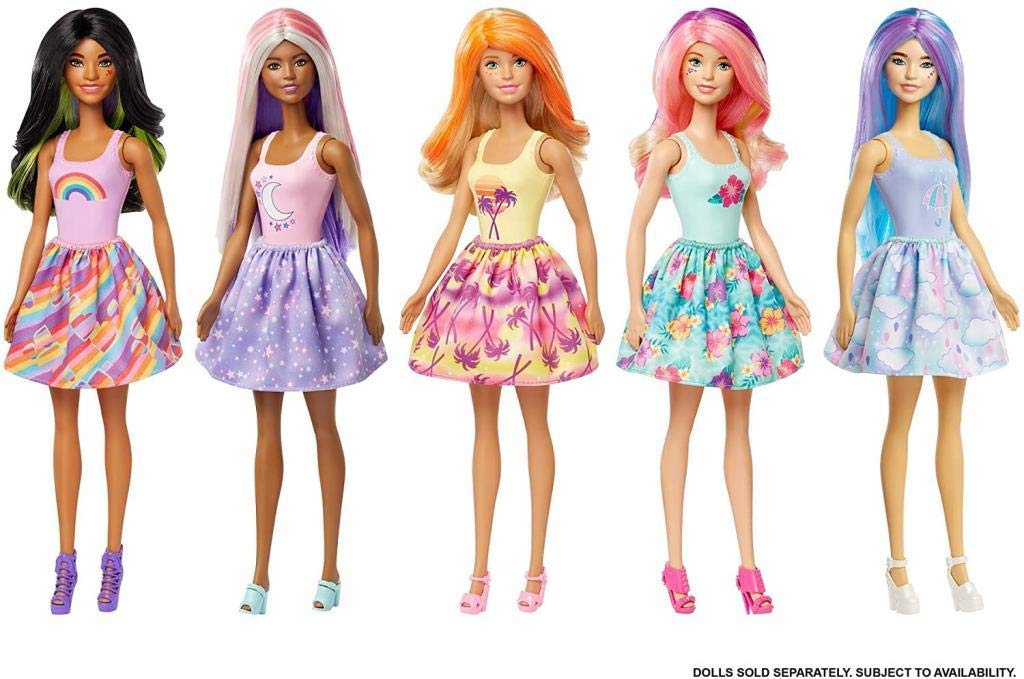 Barbie Color Reveal Doll with 7 Surprises: 4 Mystery Bags Contain Surprise Wig, Skirt, Shoes & Sponge; Water Reveals Metallic Blue Doll’s Look &