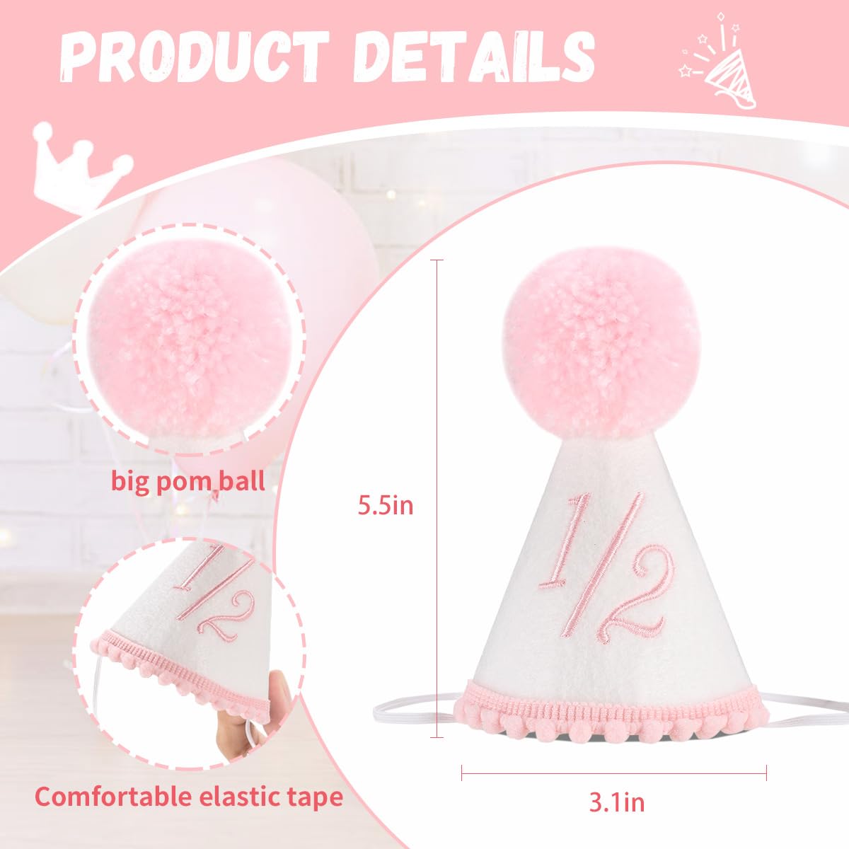 Kaniwati Girl 1/2 Birthday Party Crown, Pink half Hat,Half Birthday Embroidered Party Hat, Pink Girl Decoration (PINK-1/2-CXMZ)