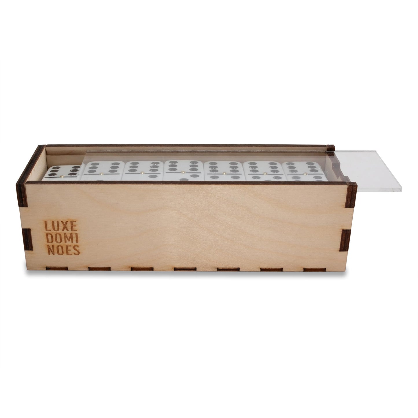 Deluxe Modern Domino Set Double Six, with Jumbo Sized Tournament Dominoes Black and White Two Toned with Spinner (Rivets) in Wood Box with Acrylic Top