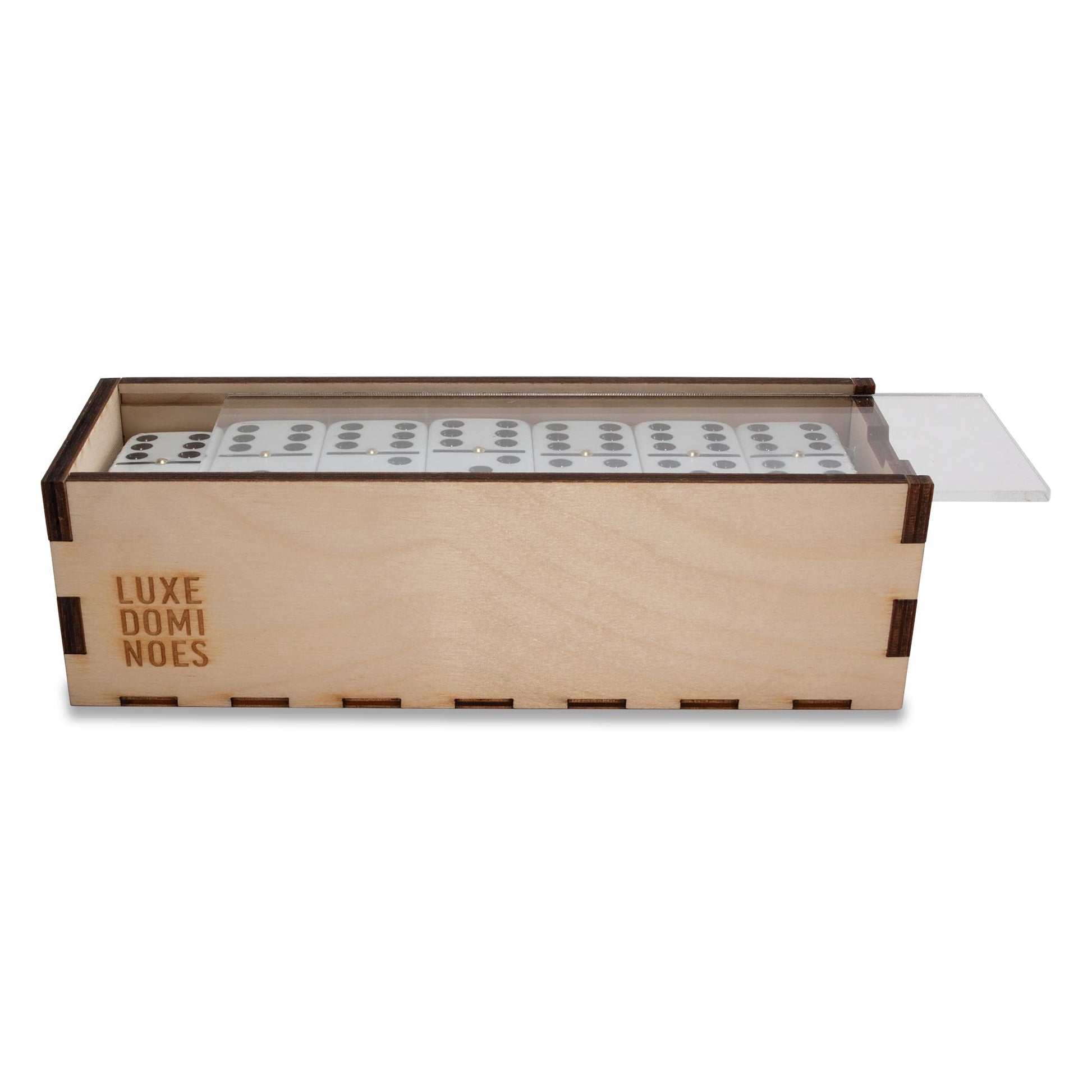 Deluxe Modern Domino Set Double Six, with Jumbo Sized Tournament Dominoes Black and White Two Toned with Spinner (Rivets) in Wood Box with Acrylic Top